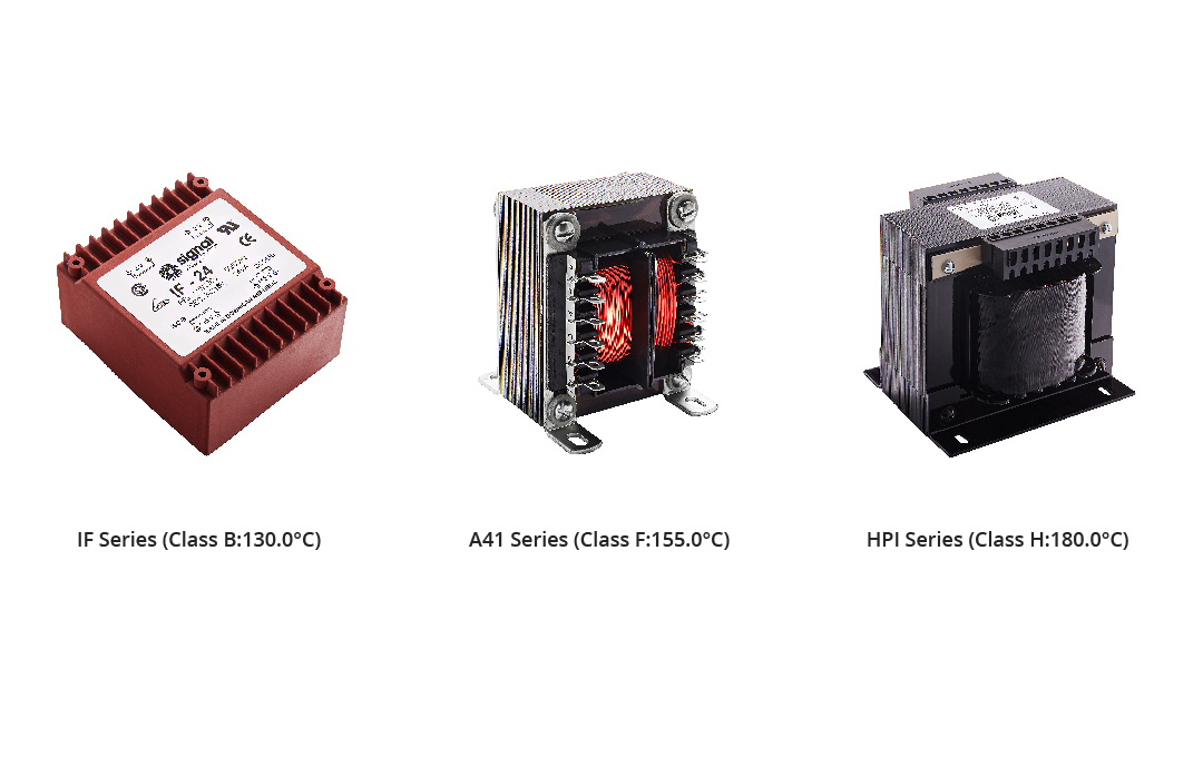 Three transformers displaying UL insulation rating examples
