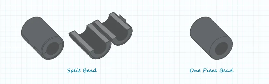 Illustration showing examples of split and one piece ferrite beads