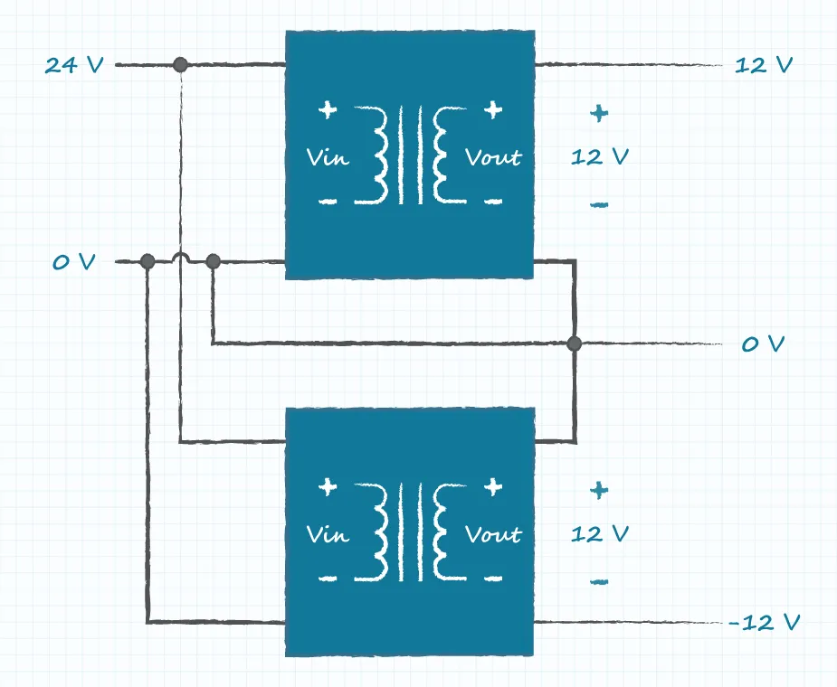 diagram of a circuit with positive and negative rails