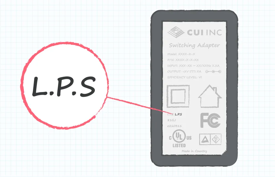 Power supply label showing an example of an LPS mark (Note: marking LPS is optional and its appearance may vary)