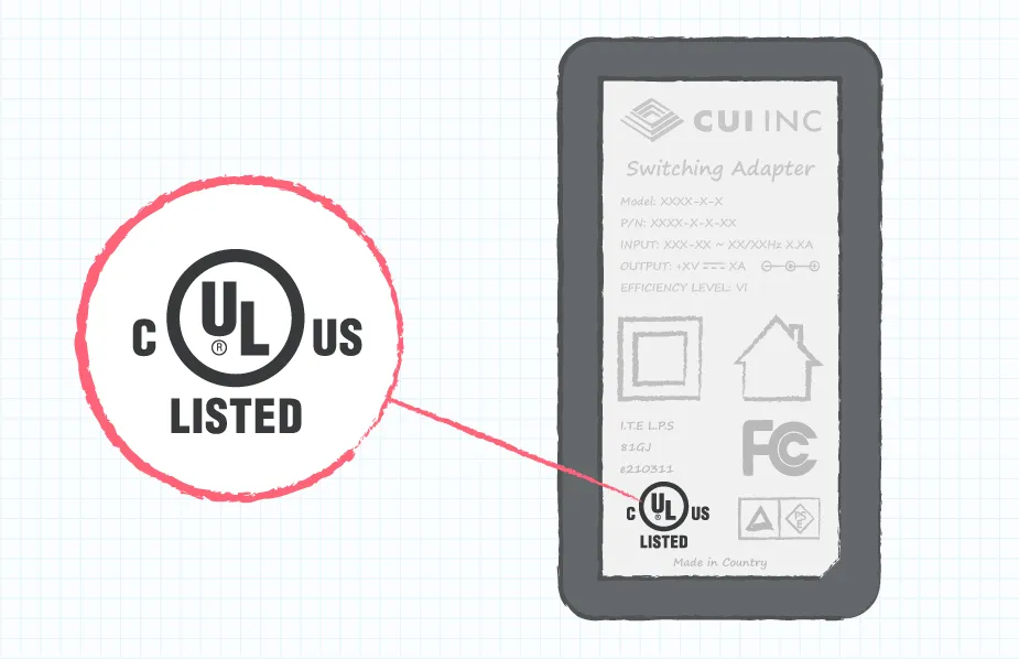 Example drawing of an external power supply label showing the UL Listed mark