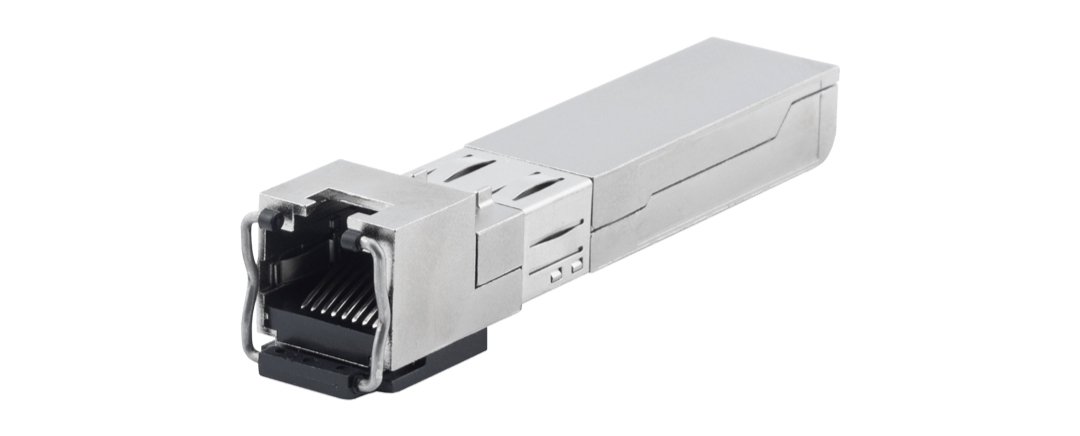 10GBASE-T copper SFP+ transceiver in a metal housing with an RJ45 port and wire bale latch.