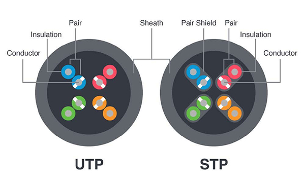 Cross section of shielded (STP) and unshielded (UTP) cable