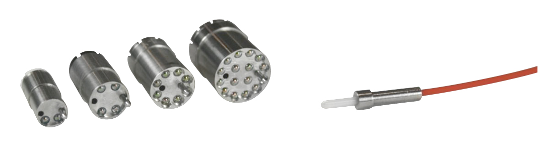 Fibreco Mini, Junior, Senior and Maxi expanded beam inserts (left), Fibreco expanded beam termination ferrule (right).