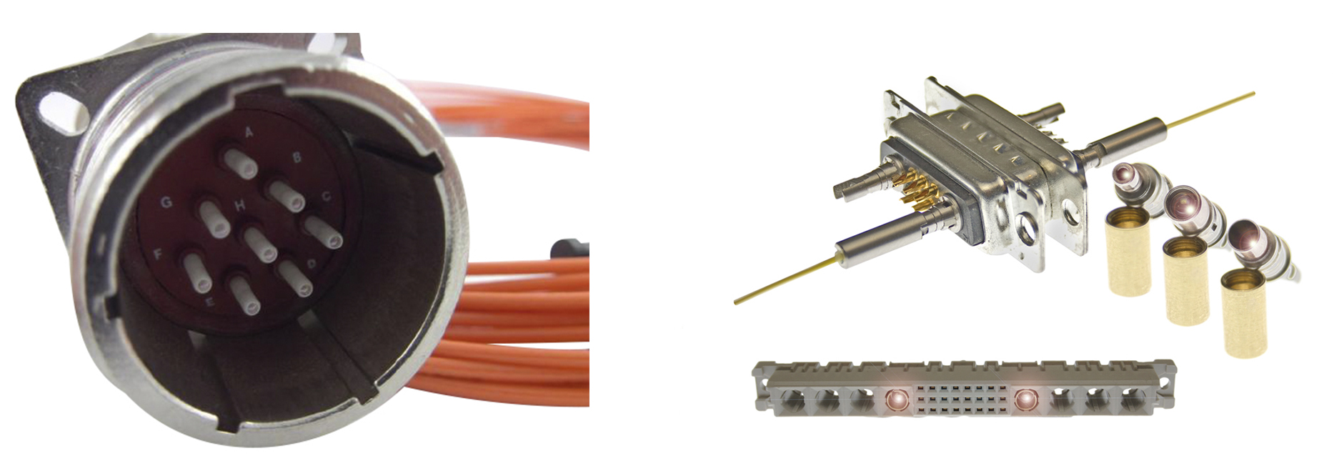 Example of expanded beam termini in MILDTL- 38999 SIII connector (left). Example of expanded beam termini in D-Sub and backplane connectors (right).