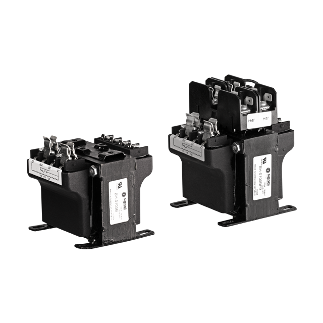 Image of two black single-phase transformers.